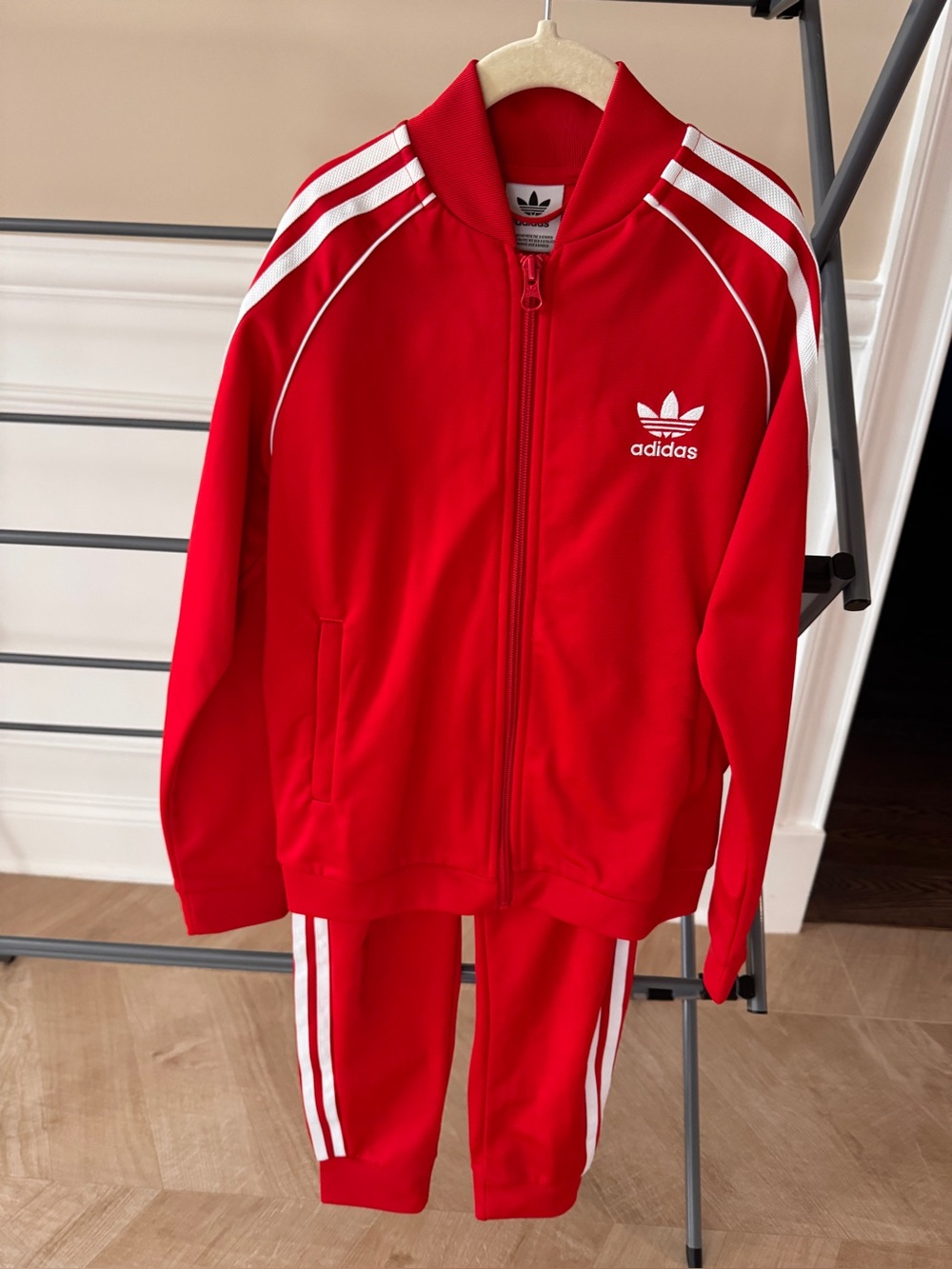 adidas Kids Red 3-Stripe Track Jacket and Joggers Set